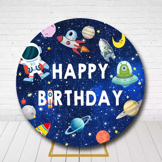 Round space birthday backdrop with astronaut, rockets, planets, and UFO design
