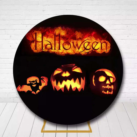 Spooky circle backdrop featuring jack-o-lantern, skull, and bat design for Halloween party