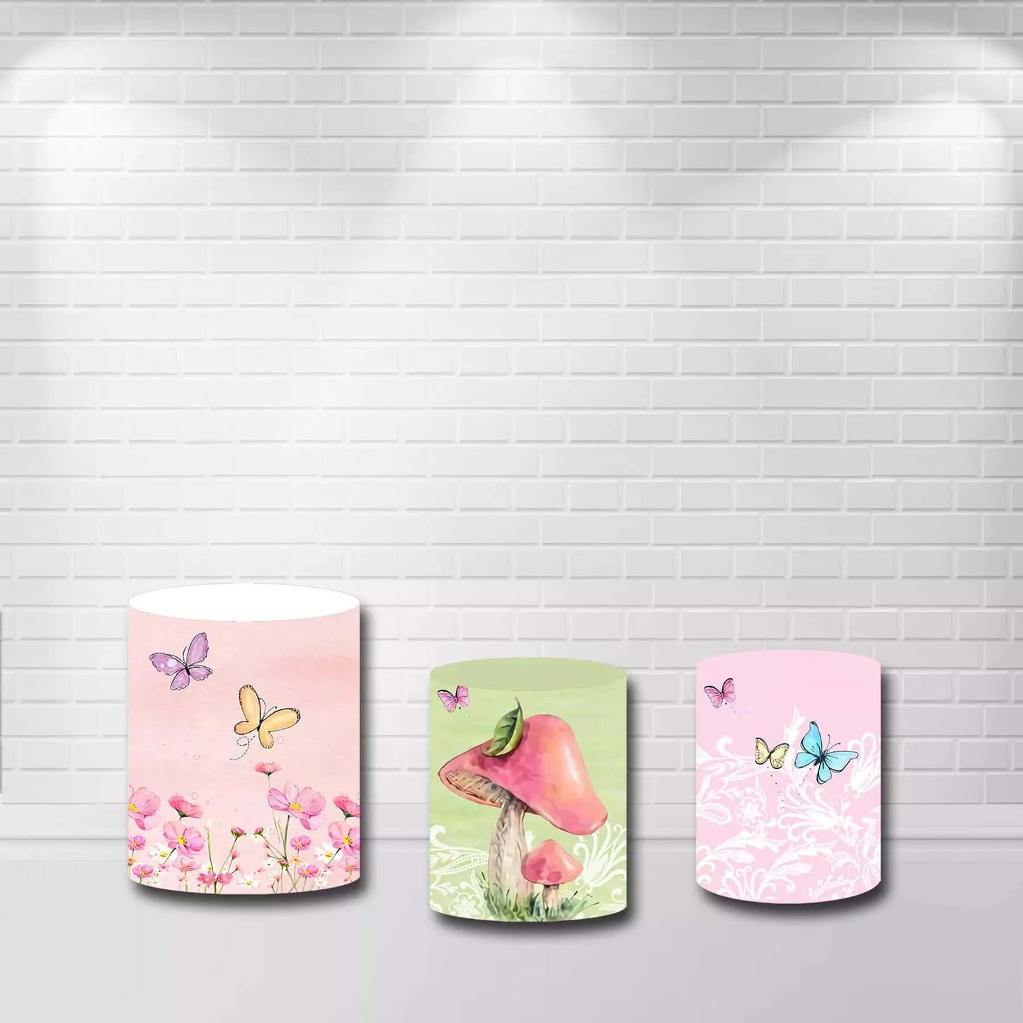 Spring Flowers Butterfly Mushroom Girls Birthday Party Table Banner Cylinder Covers