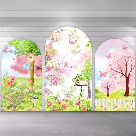 Spring Garden Pink Flowers Tree Arch Backdrop Covers