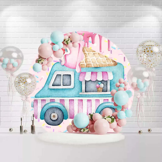 Round ice cream truck backdrop with pink sprinkles and dripping ice cream
