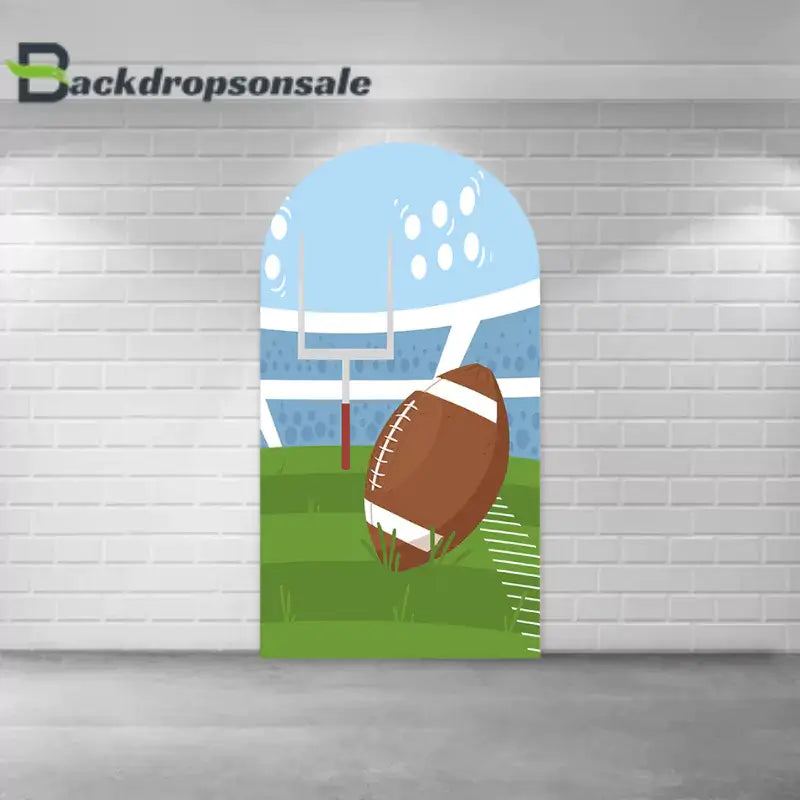 Center arch panel of the football backdrop set featuring a stadium scene with a goalpost, a football, and green grass.