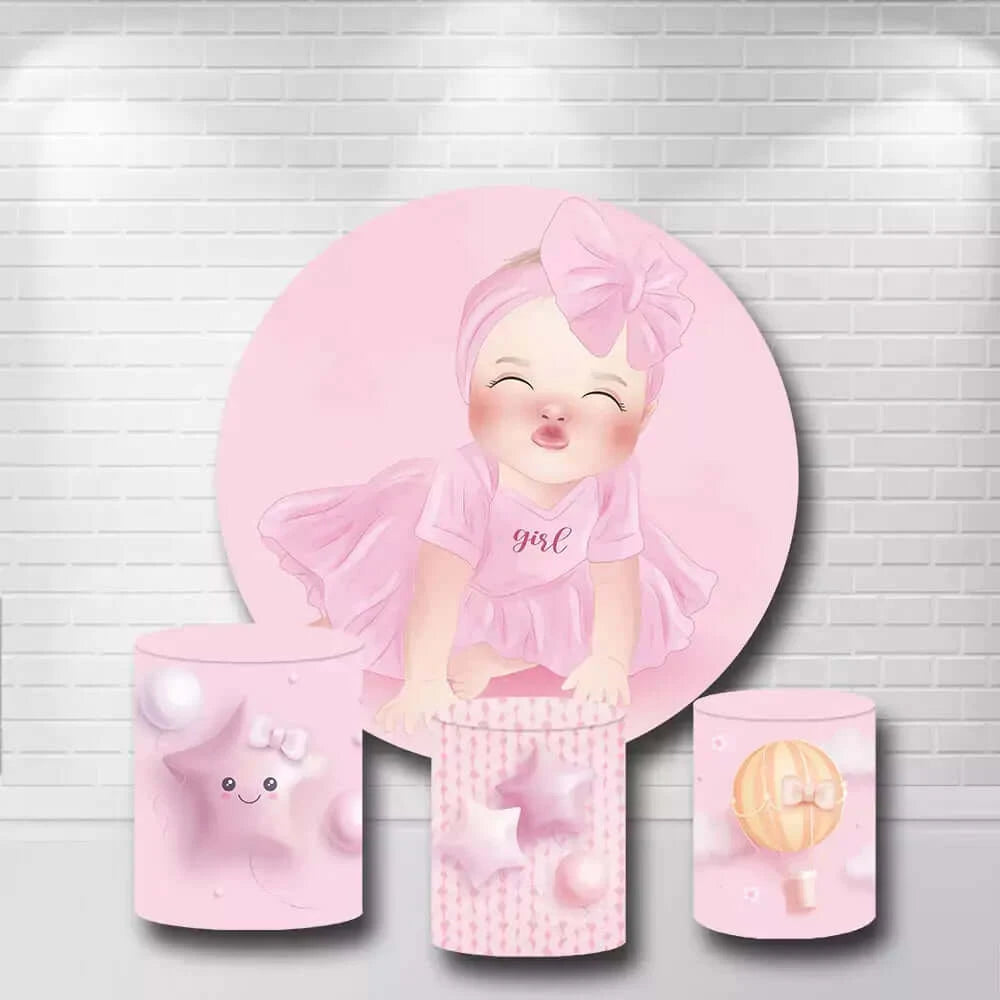 Cute Pink Girls Baby Shower Round Backdrop and Cylinder Covers