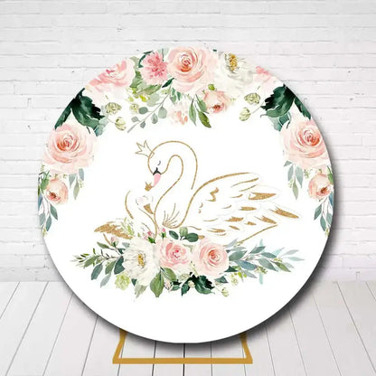 Elegant floral swan backdrop with roses and greenery, ideal for girls’ birthday or baby shower parties