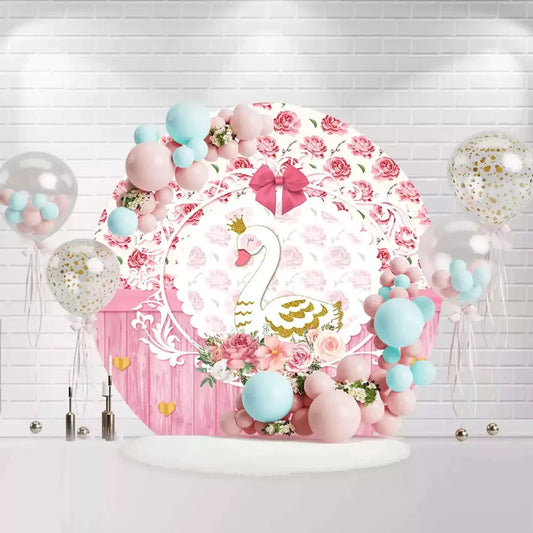 Elegant circle backdrop featuring swan, floral accents, and royal crown for party decoration