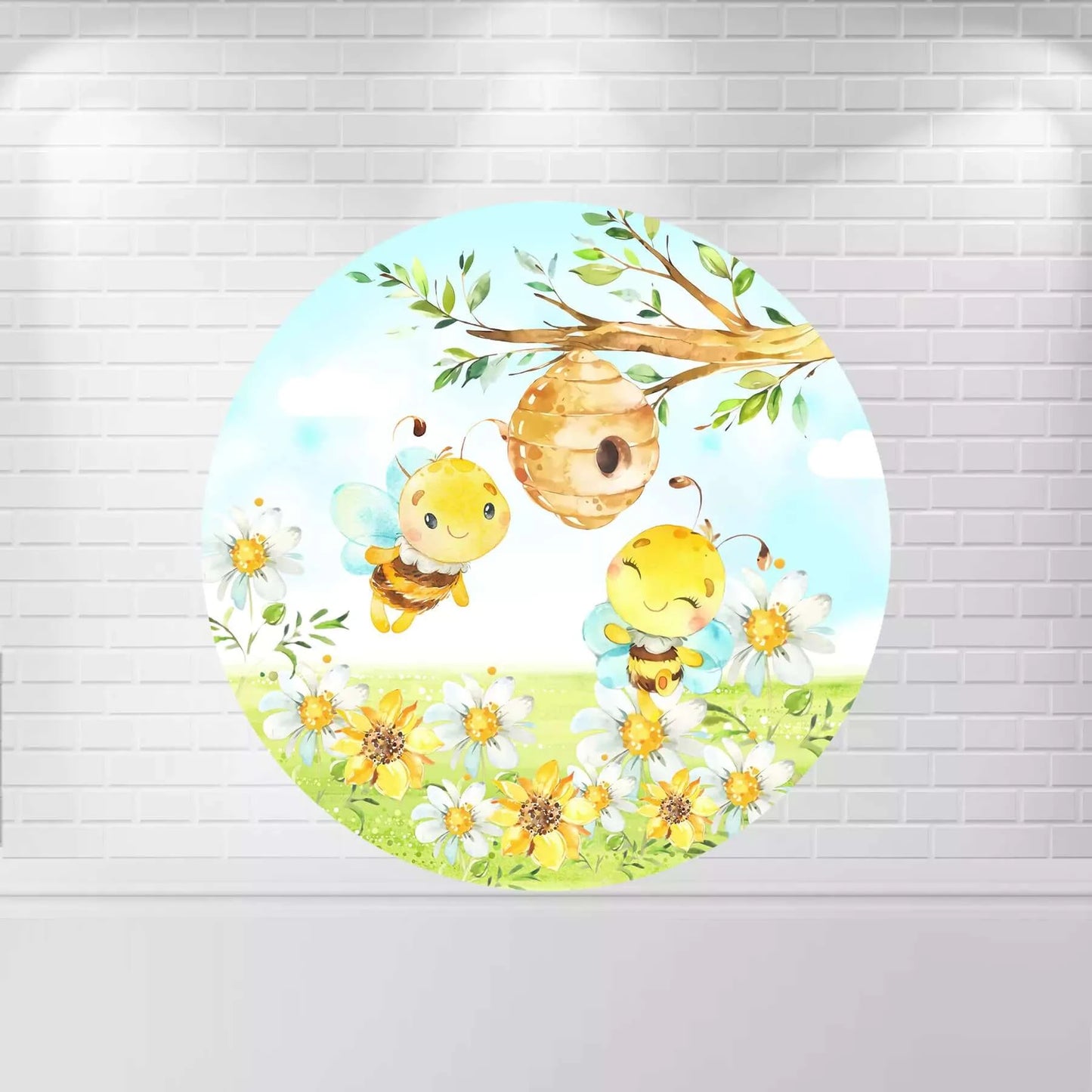  Yellow Flowers Sweet Bee Day Round Backdrop 