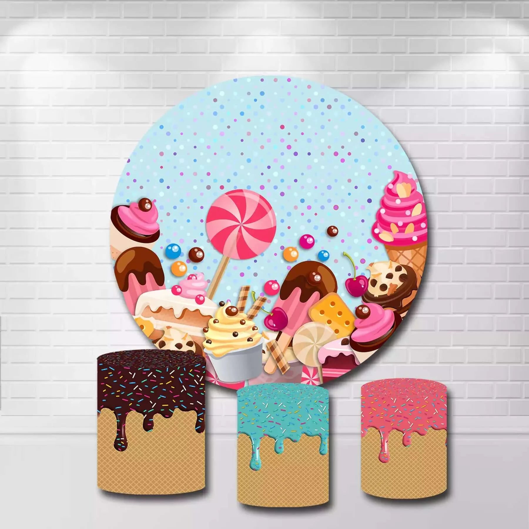 Sweet Candy Dessert Theme Girls Birthday Party Circle Photography Background and Plinth Covers