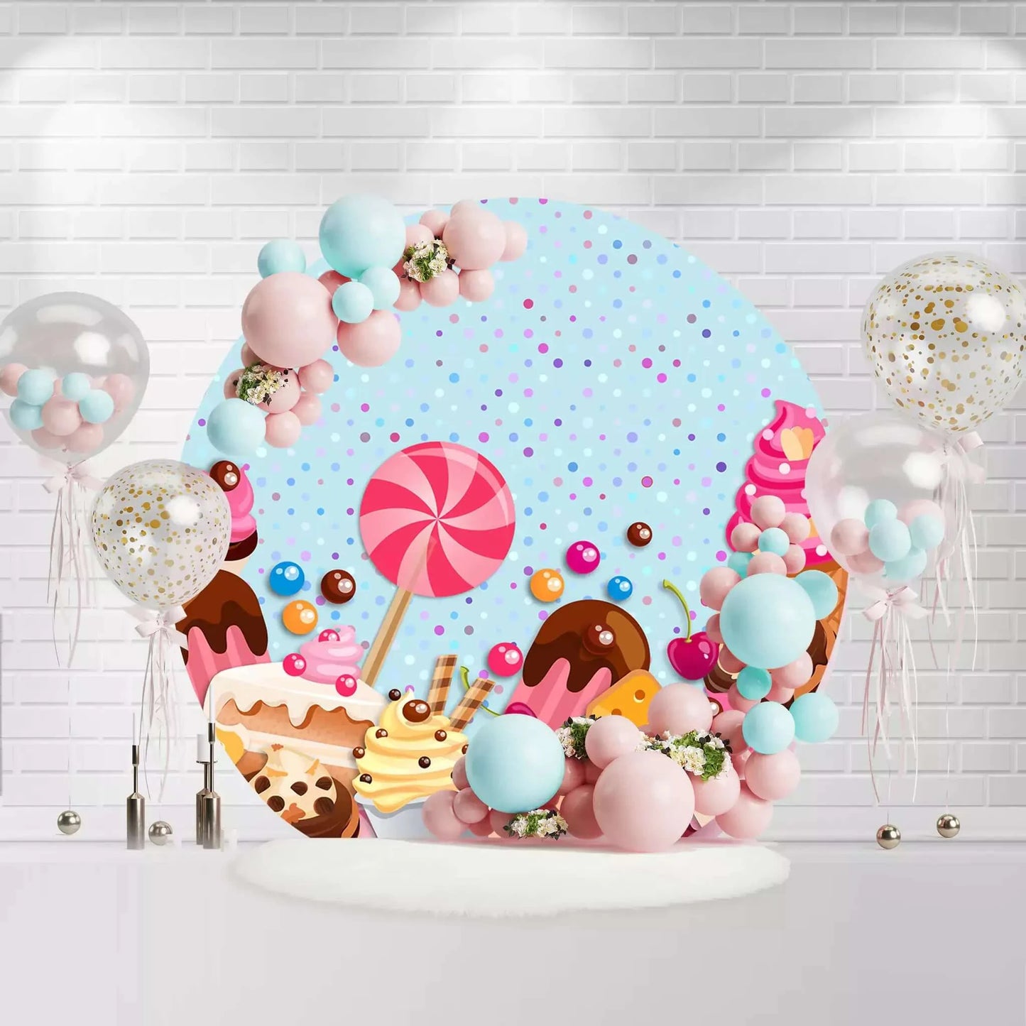 Sweet Candy Dessert Theme Girls Birthday Round Backdrop