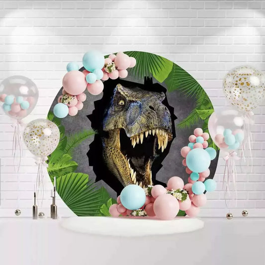 Round dinosaur backdrop with roaring T-Rex breaking through wall and jungle leaves