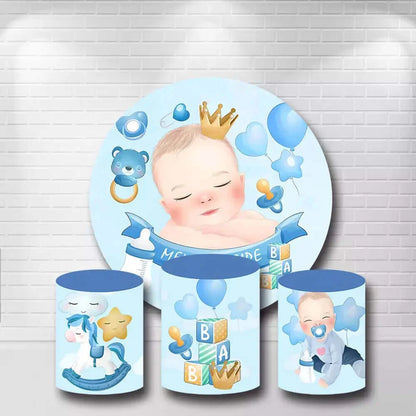 Blue Boys Newborn Baby Shower Round Backdrop and Cylinder Covers