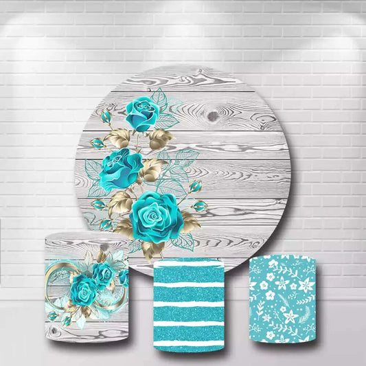 Teal Flowers Floral Rustic Wood Wedding Party Round Backdrop and Glitter Plinth Covers