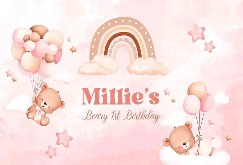 Pink and beige rainbow teddy bear backdrop perfect for a girl’s first birthday celebration or photo shoot