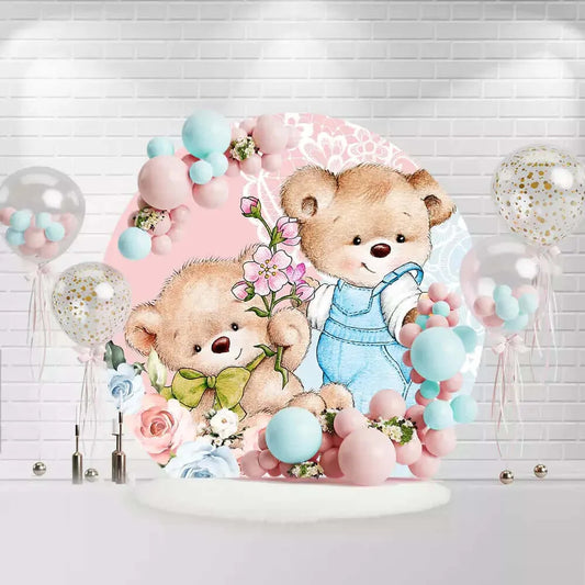 Round baby shower backdrop with teddy bears, flowers, and pastel pink and blue design