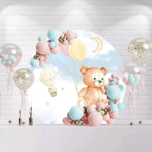 Cute teddy bear holding pastel balloons in the clouds with hot air balloon design for baby shower
