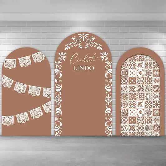 Three-piece terracotta Mexican-style arch backdrop set featuring papel picado banner design, ‘Cielito Lindo’ lettering, and traditional Talavera tile patterns—perfect for fiesta, Cinco de Mayo, or boho celebrations.