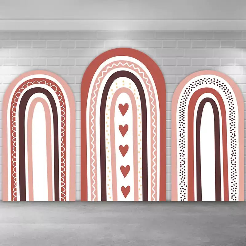 Stylish 3-piece terracotta rainbow backdrop set featuring earthy tones of rust, brown, and blush pink with heart accents, ideal for boho-themed birthday parties, baby showers, or event photo backdrops.