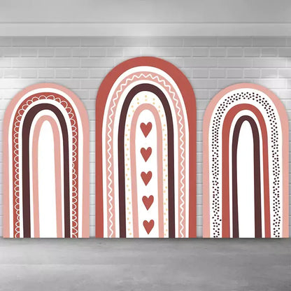 Stylish 3-piece terracotta rainbow backdrop set featuring earthy tones of rust, brown, and blush pink with heart accents, ideal for boho-themed birthday parties, baby showers, or event photo backdrops.