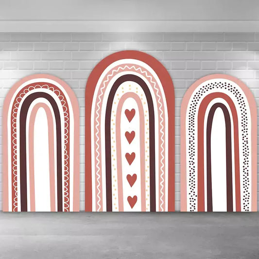 Stylish 3-piece terracotta rainbow backdrop set featuring earthy tones of rust, brown, and blush pink with heart accents, ideal for boho-themed birthday parties, baby showers, or event photo backdrops.