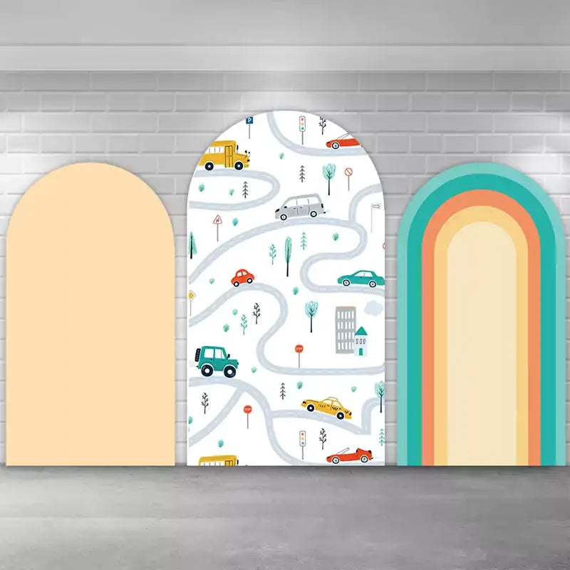 Kids car-party arch backdrop kit featuring cartoon vehicles (bus, taxi, jeep, sedan) on a white road-map background, plus teal/peach retro rainbow stripes and a neutral beige accent arch—perfect behind dessert tables.