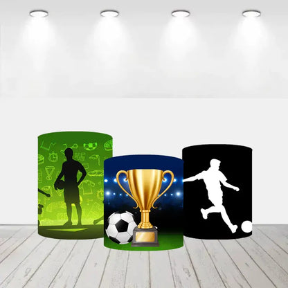 Set of three cylinder covers with soccer designs, including a trophy, a player silhouette, and various soccer icons.