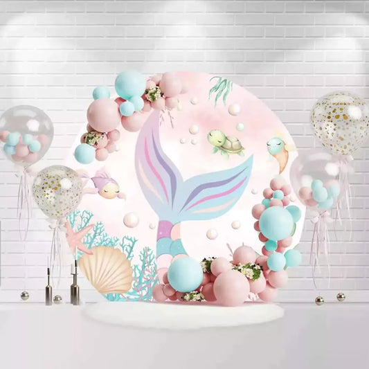 Cute mermaid theme birthday backdrop featuring pastel-colored scales, sea creatures, and bubbles