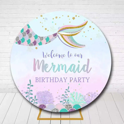 Mermaid party circle backdrop with colorful tail and ocean elements