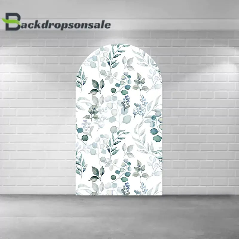 Center arch panel of the botanical backdrop set featuring a watercolor greenery and foliage design.