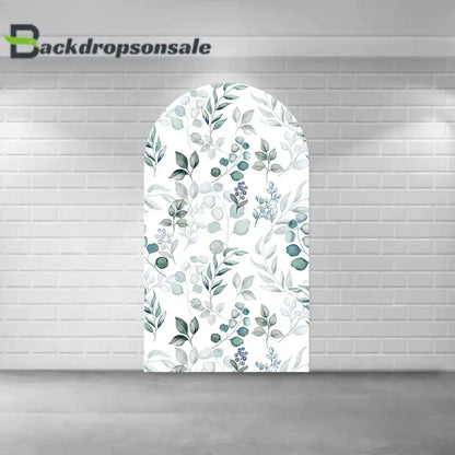 Center arch panel of the botanical backdrop set featuring a watercolor greenery and foliage design.