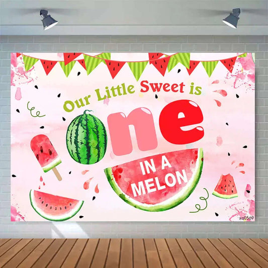 Pink Bunting Our Little Sweet Is One Cartoon Watermelon Girls 1st Birthday Party Photography Background