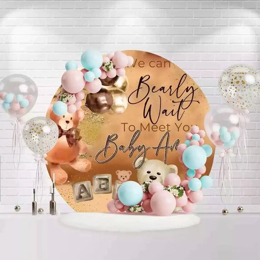 We Can Bearly Wait teddy bear round backdrop in brown and gold for baby shower
