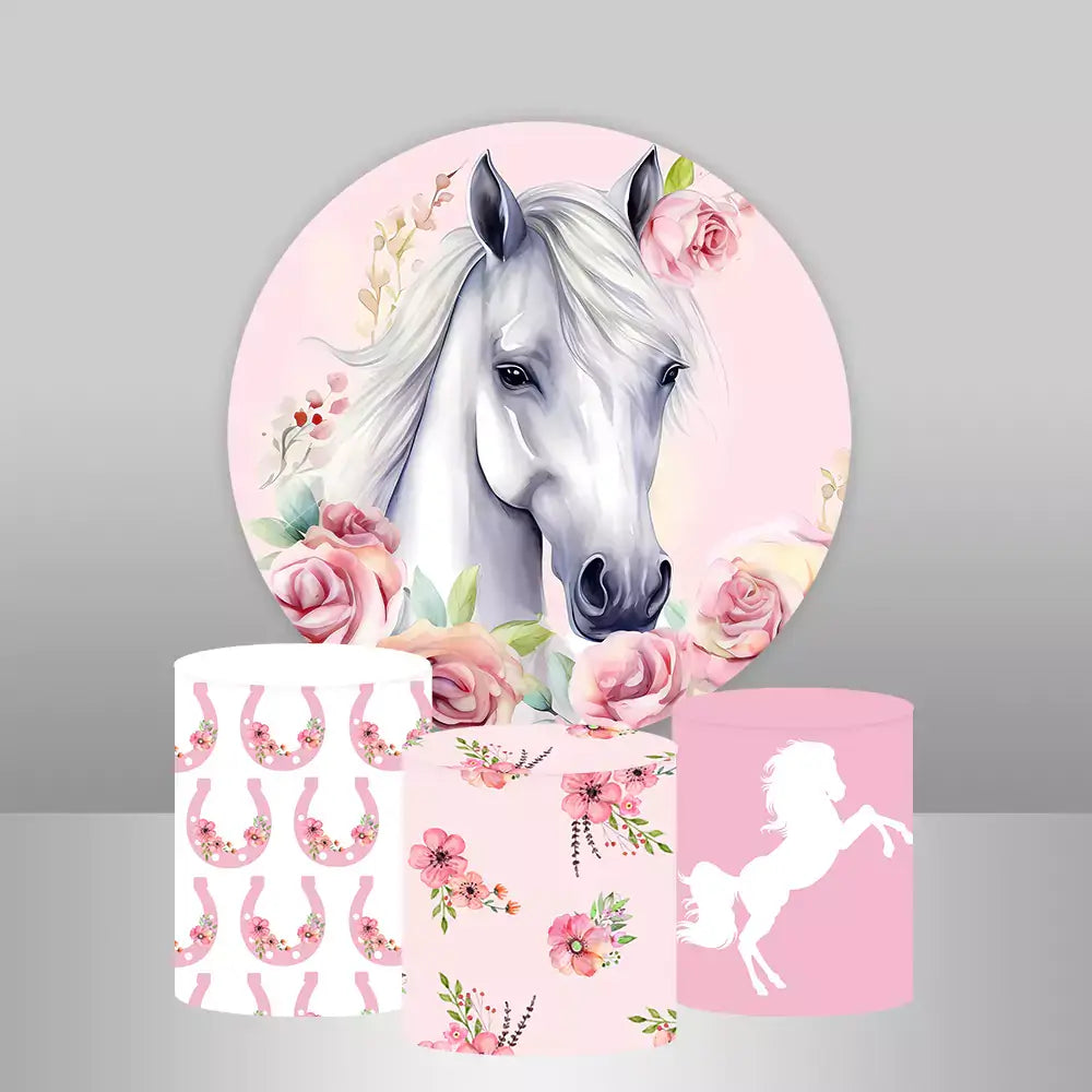 Round backdrop featuring a white horse with pink flowers, along with three matching cylinder covers decorated with floral patterns, horseshoes, and a horse silhouette.