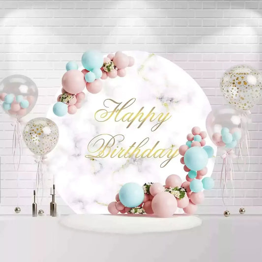 White marble round happy birthday backdrop with gold text for adult party decoration