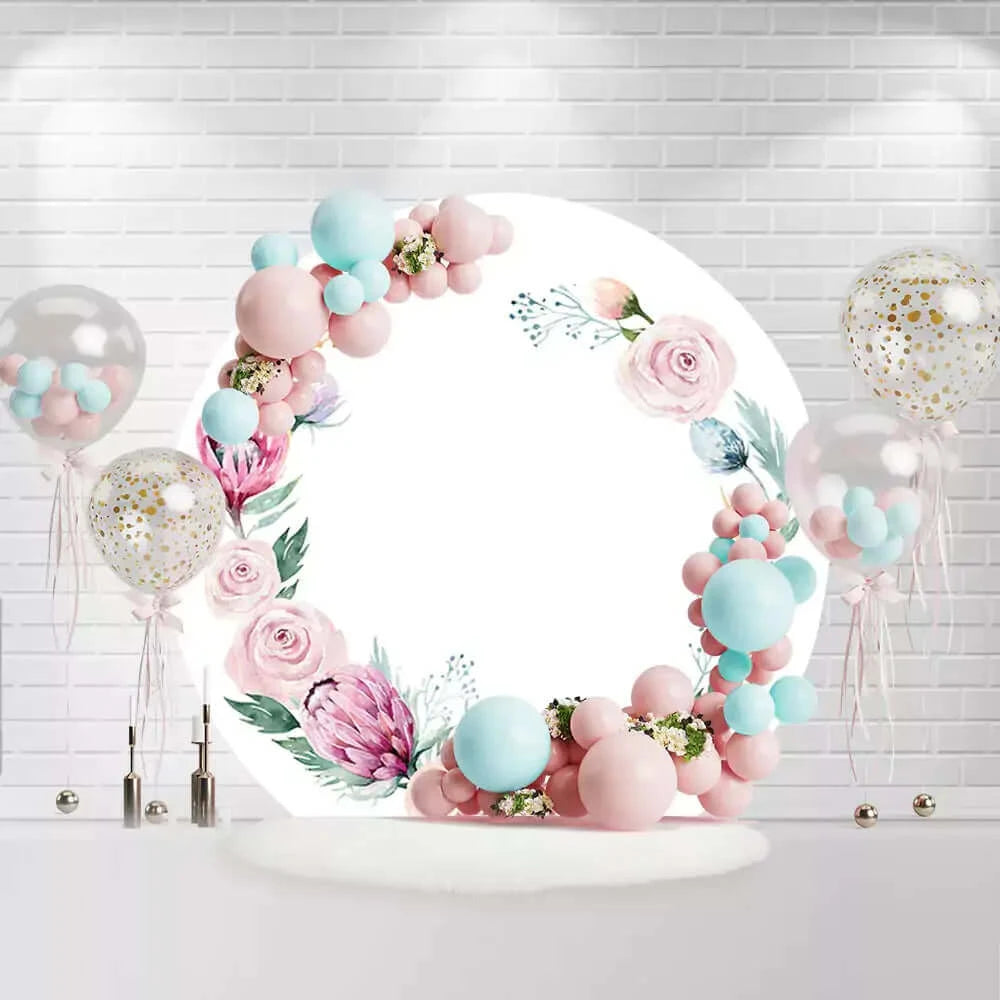 White Round With Floral Flowers Printing Round Backdrop Cover