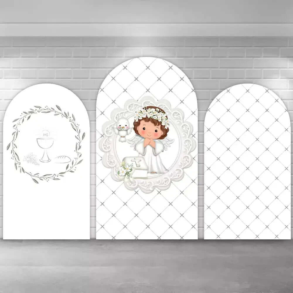 White Silver Angel Girls Baptism Chiara Arch Backdrop Cover 