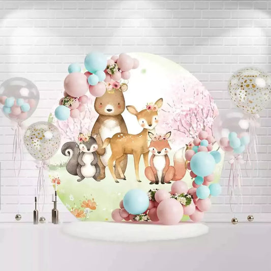 Woodland animals round backdrop featuring bear, deer, fox, squirrel, and owl with floral crowns