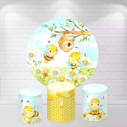 Yellow Flowers Sweet Bee Day Round Backdrop and Plinth Covers